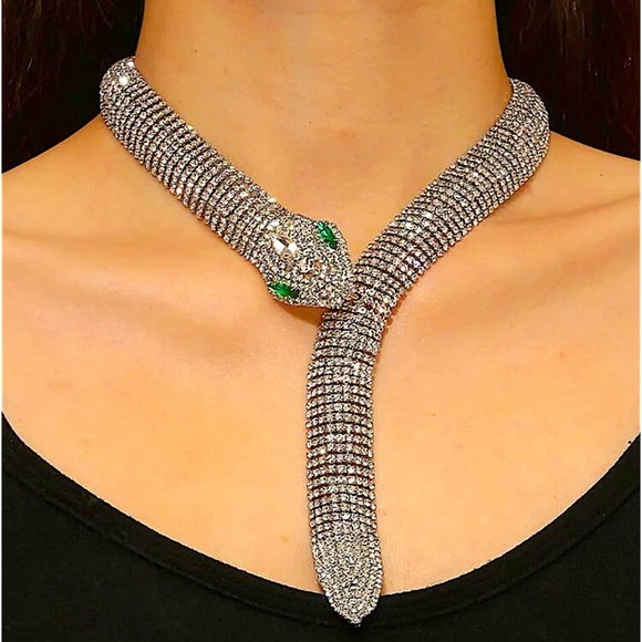 Silver Snake Crystal Choker Rhinestone Necklace - Picture 1 of 9